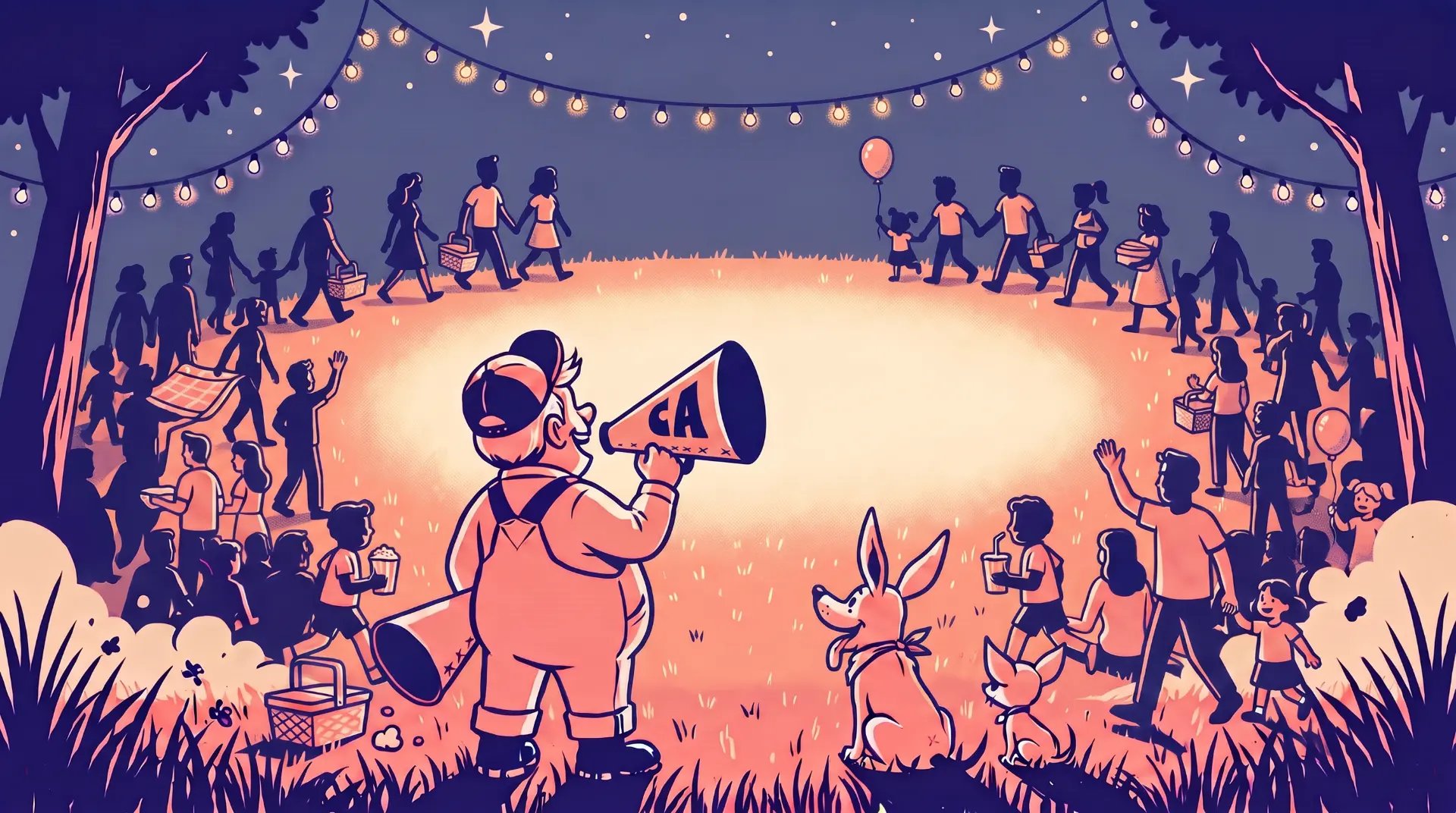 Illustration of a crowd gathering on a lawn under string lights around a megaphone