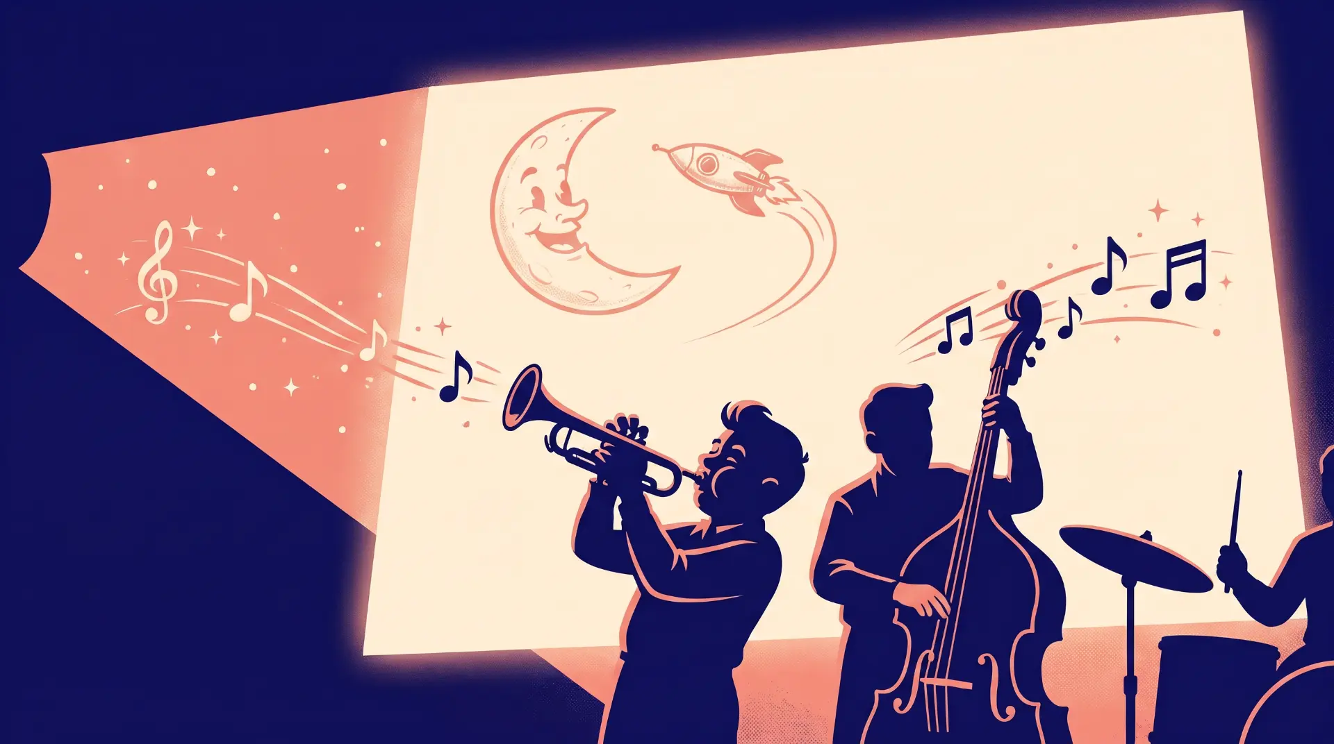 Illustration of a live band scoring a film on an outdoor screen at night
